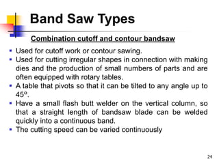 Band Saw Types
Combination cutoff and contour bandsaw
 Used for cutoff work or contour sawing.
 Used for cutting irregular shapes in connection with making
dies and the production of small numbers of parts and are
often equipped with rotary tables.
 A table that pivots so that it can be tilted to any angle up to
45°.
 Have a small flash butt welder on the vertical column, so
that a straight length of bandsaw blade can be welded
quickly into a continuous band.
 The cutting speed can be varied continuously
24
 