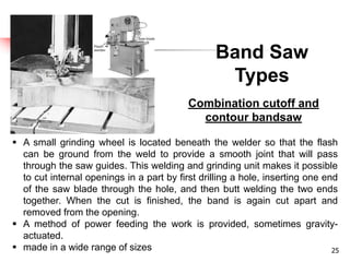 Band Saw
Types
25
 A small grinding wheel is located beneath the welder so that the flash
can be ground from the weld to provide a smooth joint that will pass
through the saw guides. This welding and grinding unit makes it possible
to cut internal openings in a part by first drilling a hole, inserting one end
of the saw blade through the hole, and then butt welding the two ends
together. When the cut is finished, the band is again cut apart and
removed from the opening.
 A method of power feeding the work is provided, sometimes gravity-
actuated.
 made in a wide range of sizes
Combination cutoff and
contour bandsaw
 