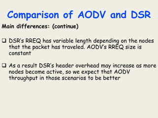 Comparison of AODV and DSR
Test bench set up:
 100 nodes, some of them as sources
 Nominal bit rate of 2 Mb/s
 Nominal ...