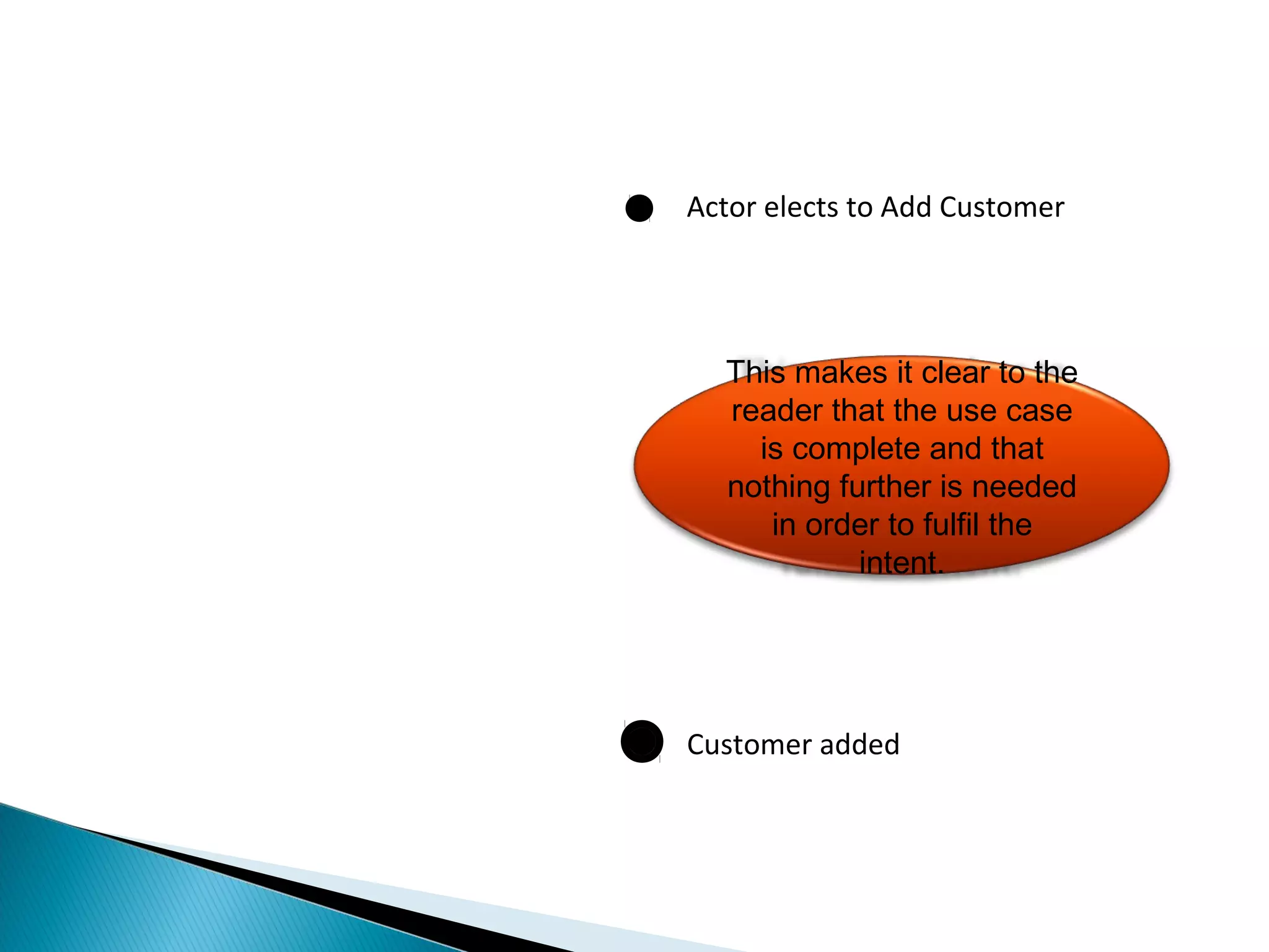 Actor elects to Add Customer 
This makes it clear to the 
reader that the use case 
is complete and that 
nothing further is needed 
in order to fulfil the 
intent. 
Customer added 
 