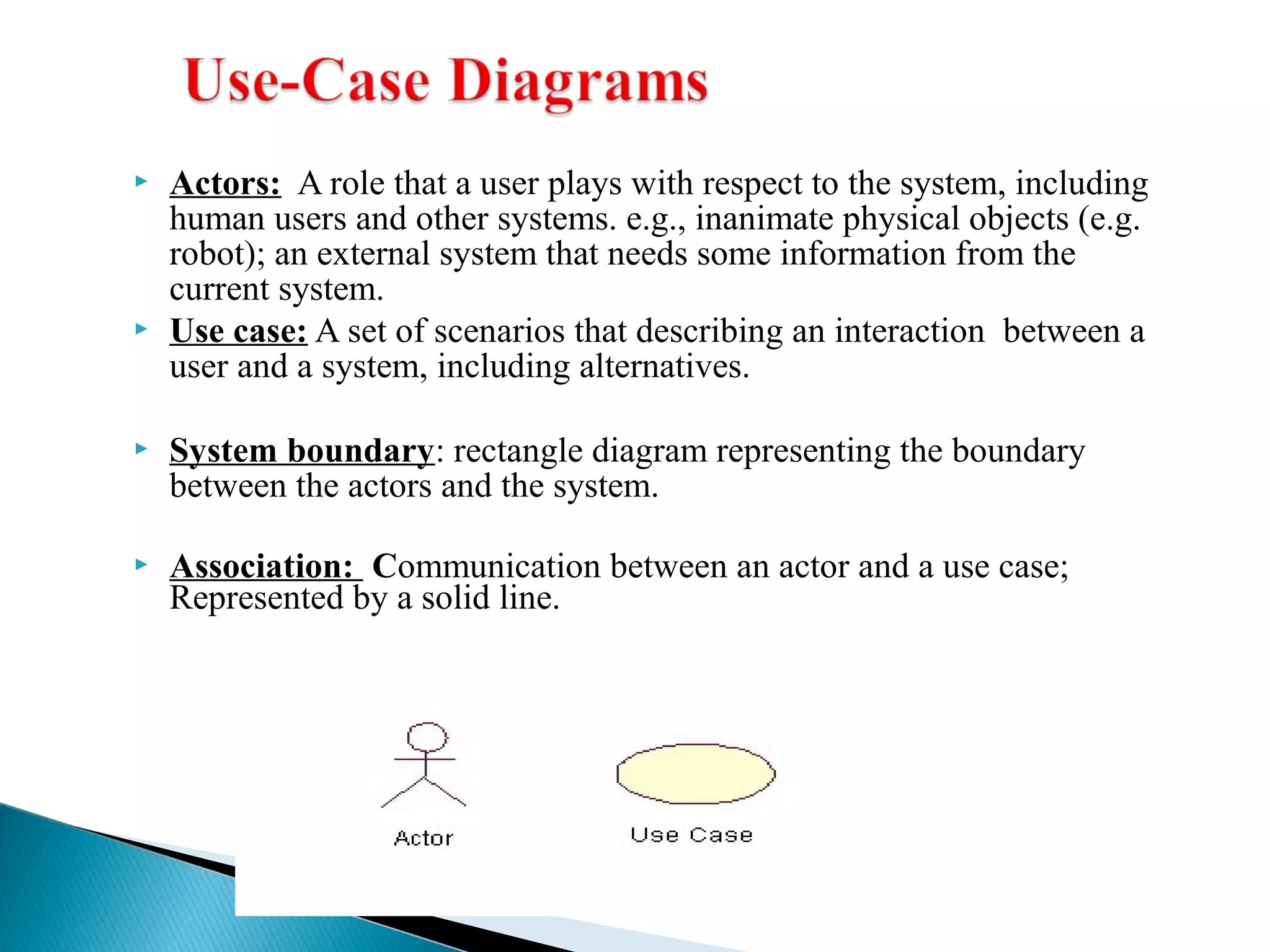  Actors: A role that a user plays with respect to the system, including 
human users and other systems. e.g., inanimate physical objects (e.g. 
robot); an external system that needs some information from the 
current system. 
 Use case: A set of scenarios that describing an interaction between a 
user and a system, including alternatives. 
 System boundary: rectangle diagram representing the boundary 
between the actors and the system. 
 Association: Communication between an actor and a use case; 
Represented by a solid line. 
 