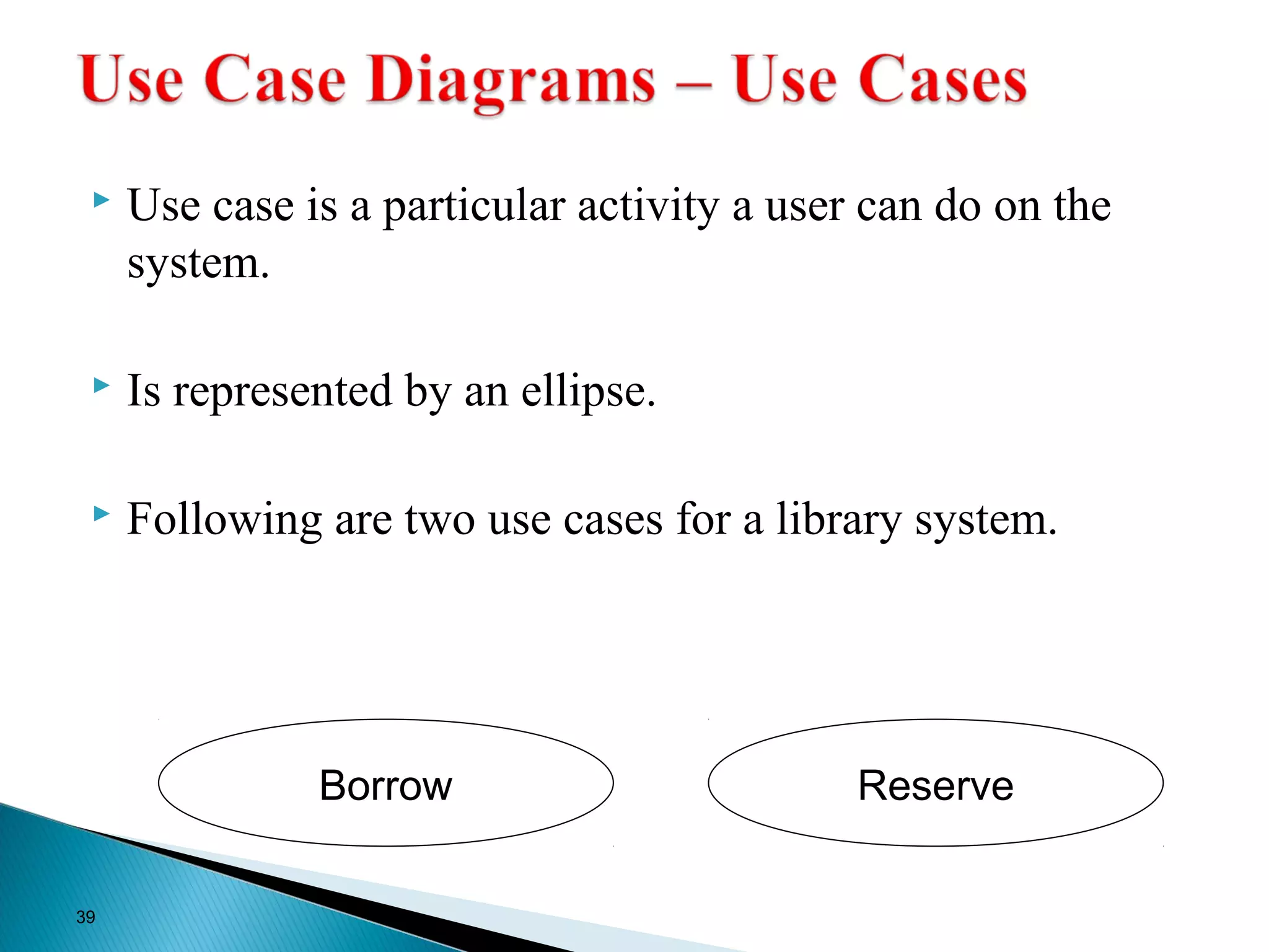 Use case is a particular activity a user can do on the 
system. 
 Is represented by an ellipse. 
 Following are two use cases for a library system. 
39 
Borrow Reserve 
 