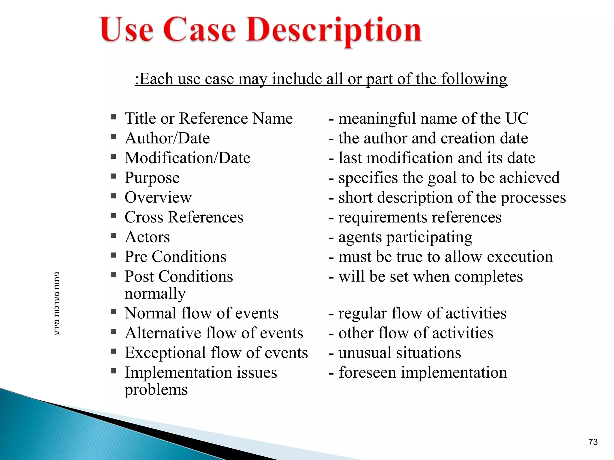 Each use case may include all or part : of the following 
 Title or Reference Name - meaningful name of the UC 
 Author/Date - the author and creation date 
 Modification/Date - last modification and its date 
 Purpose - specifies the goal to be achieved 
 Overview - short description of the processes 
 Cross References - requirements references 
 Actors - agents participating 
 Pre Conditions - must be true to allow execution 
 Post Conditions - will be set when completes 
normally 
 Normal flow of events - regular flow of activities 
 Alternative flow of events - other flow of activities 
 Exceptional flow of events - unusual situations 
 Implementation issues - foreseen implementation 
problems 
ניתוח מערכות מידע 
73 
 