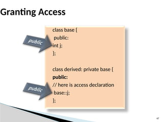 47
Granting Access
class base {
public:
int j;
};
class derived: private base {
public:
// here is access declaration
base::j;
};
 
