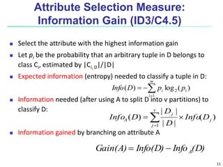 11
Attribute Selection Measure:
Information Gain (ID3/C4.5)
 Select the attribute with the highest information gain
 Let pi be the probability that an arbitrary tuple in D belongs to
class Ci, estimated by |Ci, D|/|D|
 Expected information (entropy) needed to classify a tuple in D:
 Information needed (after using A to split D into v partitions) to
classify D:
 Information gained by branching on attribute A
)(log)( 2
1
i
m
i
i ppDInfo 

)(
||
||
)(
1
j
v
j
j
A DInfo
D
D
DInfo  
(D)InfoInfo(D)Gain(A) A
 