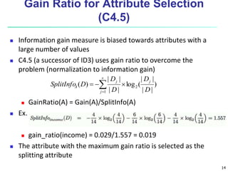 14
Gain Ratio for Attribute Selection
(C4.5)
 Information gain measure is biased towards attributes with a
large number of values
 C4.5 (a successor of ID3) uses gain ratio to overcome the
problem (normalization to information gain)
 GainRatio(A) = Gain(A)/SplitInfo(A)
 Ex.
 gain_ratio(income) = 0.029/1.557 = 0.019
 The attribute with the maximum gain ratio is selected as the
splitting attribute
)
||
||
(log
||
||
)( 2
1 D
D
D
D
DSplitInfo
j
v
j
j
A  
 
