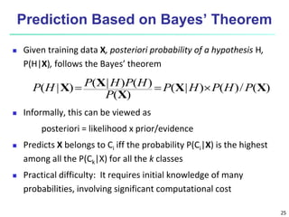 25
Prediction Based on Bayes’ Theorem
 Given training data X, posteriori probability of a hypothesis H,
P(H|X), follows the Bayes’ theorem
 Informally, this can be viewed as
posteriori = likelihood x prior/evidence
 Predicts X belongs to Ci iff the probability P(Ci|X) is the highest
among all the P(Ck|X) for all the k classes
 Practical difficulty: It requires initial knowledge of many
probabilities, involving significant computational cost
)(/)()|(
)(
)()|()|( XX
X
XX PHPHP
P
HPHPHP 
 