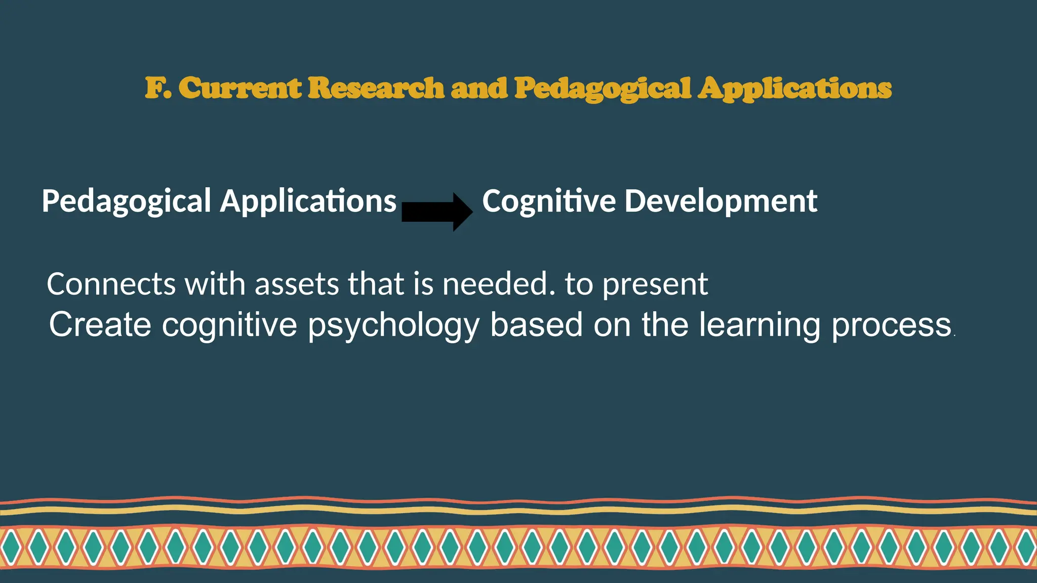 F. Current Research and Pedagogical Applications
Pedagogical Applications Cognitive Development
Connects with assets that is needed. to present
Create cognitive psychology based on the learning process.
 
