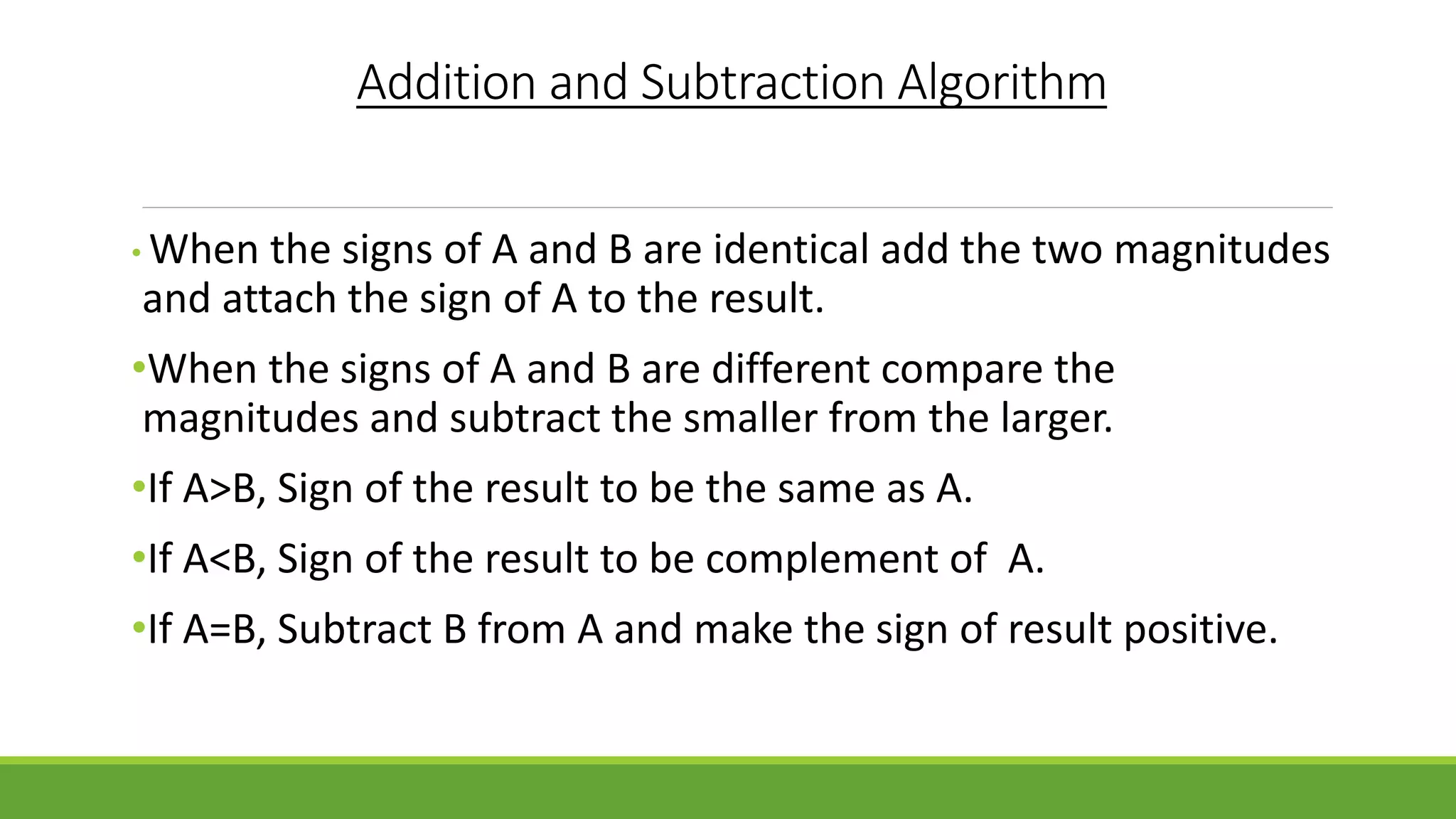 • When the signs of A and B are identical add the two magnitudes
and attach the sign of A to the result.
•When the signs of A and B are different compare the
magnitudes and subtract the smaller from the larger.
•If A>B, Sign of the result to be the same as A.
•If A<B, Sign of the result to be complement of A.
•If A=B, Subtract B from A and make the sign of result positive.
Addition and Subtraction Algorithm
 