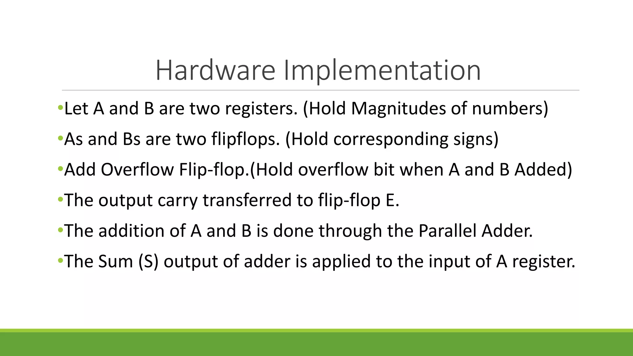 Hardware Implementation
•Let A and B are two registers. (Hold Magnitudes of numbers)
•As and Bs are two flipflops. (Hold corresponding signs)
•Add Overflow Flip-flop.(Hold overflow bit when A and B Added)
•The output carry transferred to flip-flop E.
•The addition of A and B is done through the Parallel Adder.
•The Sum (S) output of adder is applied to the input of A register.
 