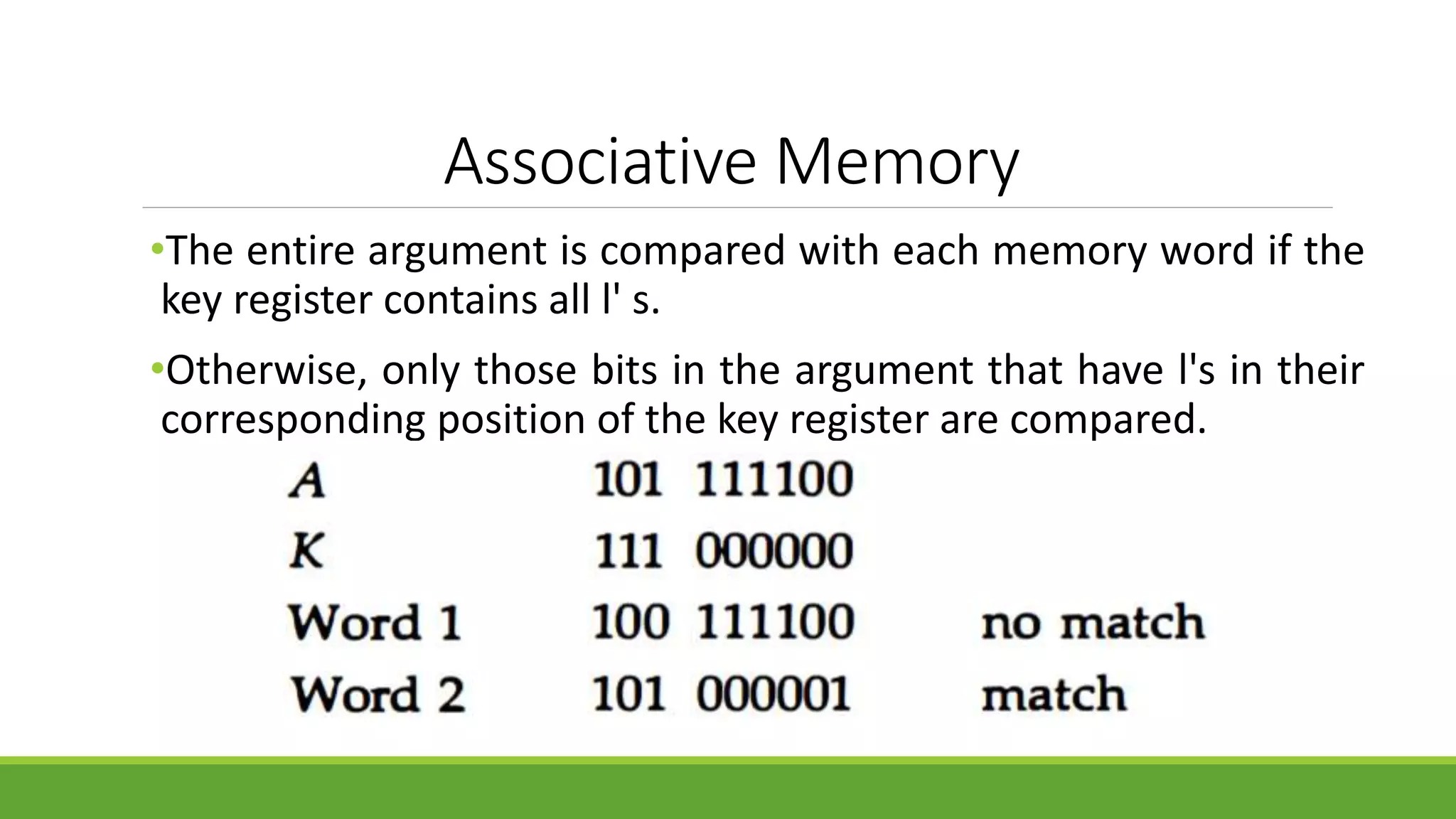 Associative Memory
•The entire argument is compared with each memory word if the
key register contains all l' s.
•Otherwise, only those bits in the argument that have l's in their
corresponding position of the key register are compared.
 