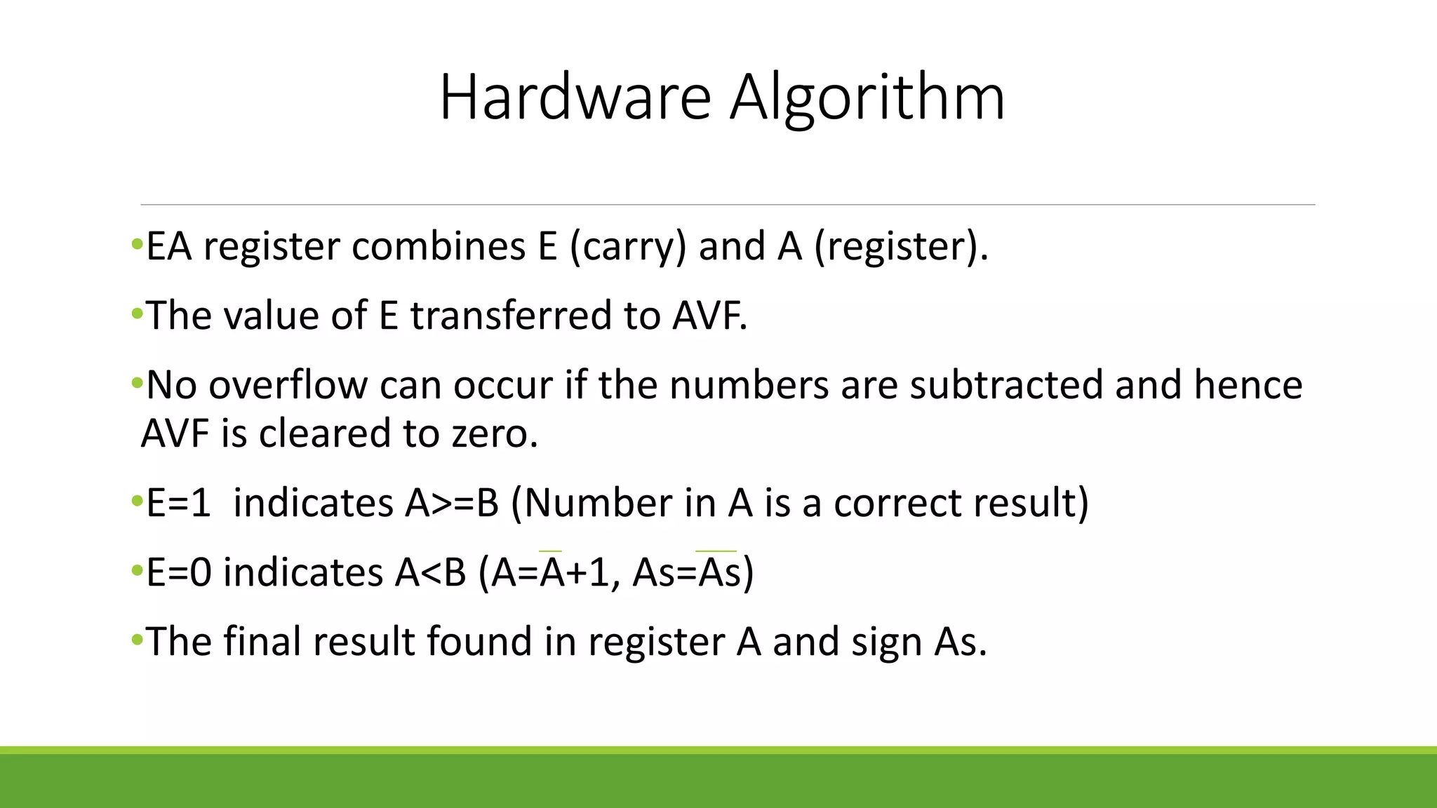 Hardware Algorithm
•EA register combines E (carry) and A (register).
•The value of E transferred to AVF.
•No overflow can occur if the numbers are subtracted and hence
AVF is cleared to zero.
•E=1 indicates A>=B (Number in A is a correct result)
•E=0 indicates A<B (A=A+1, As=As)
•The final result found in register A and sign As.
 