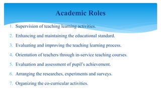 1. Supervision of teaching learning activities.
2. Enhancing and maintaining the educational standard.
3. Evaluating and improving the teaching learning process.
4. Orientation of teachers through in-service teaching courses.
5. Evaluation and assessment of pupil’s achievement.
6. Arranging the researches, experiments and surveys.
7. Organizing the co-curricular activities.
Academic Roles
 