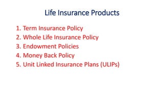 Life Insurance Products
1. Term Insurance Policy
2. Whole Life Insurance Policy
3. Endowment Policies
4. Money Back Policy
5. Unit Linked Insurance Plans (ULIPs)
 
