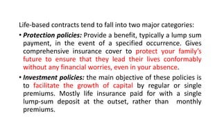 Life-based contracts tend to fall into two major categories:
• Protection policies: Provide a benefit, typically a lump sum
payment, in the event of a specified occurrence. Gives
comprehensive insurance cover to protect your family’s
future to ensure that they lead their lives conformably
without any financial worries, even in your absence.
• Investment policies: the main objective of these policies is
to facilitate the growth of capital by regular or single
premiums. Mostly life insurance paid for with a single
lump-sum deposit at the outset, rather than monthly
premiums.
 