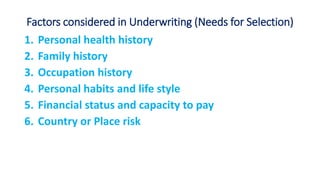 Factors considered in Underwriting (Needs for Selection)
1. Personal health history
2. Family history
3. Occupation history
4. Personal habits and life style
5. Financial status and capacity to pay
6. Country or Place risk
 