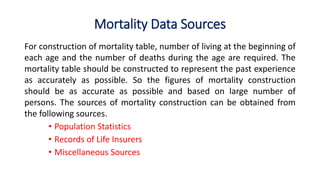 Mortality Data Sources
For construction of mortality table, number of living at the beginning of
each age and the number of deaths during the age are required. The
mortality table should be constructed to represent the past experience
as accurately as possible. So the figures of mortality construction
should be as accurate as possible and based on large number of
persons. The sources of mortality construction can be obtained from
the following sources.
• Population Statistics
• Records of Life Insurers
• Miscellaneous Sources
 