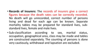 • Records of Insurers: The records of insurers give a correct
figures because the death rates can be correctly recorded.
No death will go unrecorded, correct number of persons
living and dead for each age can be known. Separate
mortality tables may be prepared for standard lives, sub-
standard lives, female and male lives.
• Sub-classification according to sex, marital status,
occupation, geographical area, class may be made and tables
are constructed separately. The counting of persons is done
very cautiously, withdrawal and lapsation are excluded.
 