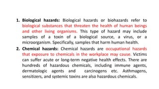 1. Biological hazards: Biological hazards or biohazards refer to
biological substances that threaten the health of human beings
and other living organisms. This type of hazard may include
samples of a toxin of a biological source, a virus, or a
microorganism. Specifically, samples that harm human health.
2. Chemical hazards: Chemical hazards are occupational hazards
that exposure to chemicals in the workplace may cause. Victims
can suffer acute or long-term negative health effects. There are
hundreds of hazardous chemicals, including immune agents,
dermatologic agents and carcinogens etc. Asthmagens,
sensitizers, and systemic toxins are also hazardous chemicals.
 