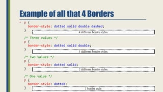 Example of all that 4 Borders
• p {
border-style: dotted solid double dashed;
}
/* Three values */
p {
border-style: dotted solid double;
}
/* Two values */
p {
border-style: dotted solid;
}
/* One value */
p {
border-style: dotted;
}
 