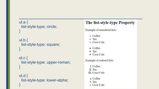 ul.a {
list-style-type: circle;
}
ul.b {
list-style-type: square;
}
ol.c {
list-style-type: upper-roman;
}
ol.d {
list-style-type: lower-alpha;
}
 