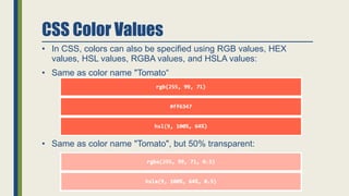 CSS Color Values
• In CSS, colors can also be specified using RGB values, HEX
values, HSL values, RGBA values, and HSLA values:
• Same as color name "Tomato“
• Same as color name "Tomato", but 50% transparent:
 