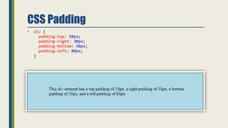 CSS Padding
• div {
padding-top: 50px;
padding-right: 30px;
padding-bottom: 50px;
padding-left: 80px;
}
 