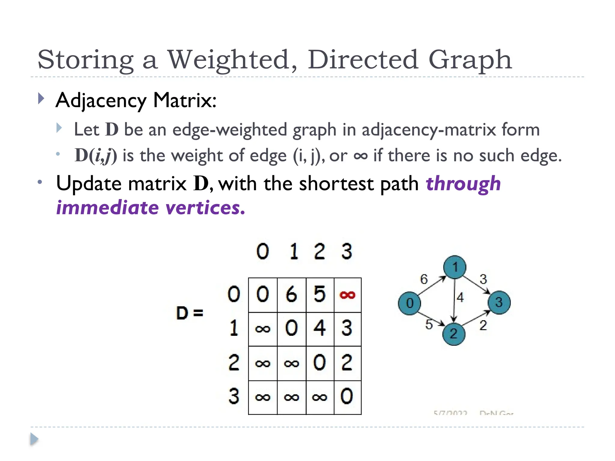 Storing a Weighted, Directed Graph
 Adjacency Matrix:
 Let D be an edge-weighted graph in adjacency-matrix form
• D(i,j) is the weight of edge (i, j), or ¥ if there is no such edge.
• Update matrix D, with the shortest path through
immediate vertices.
 