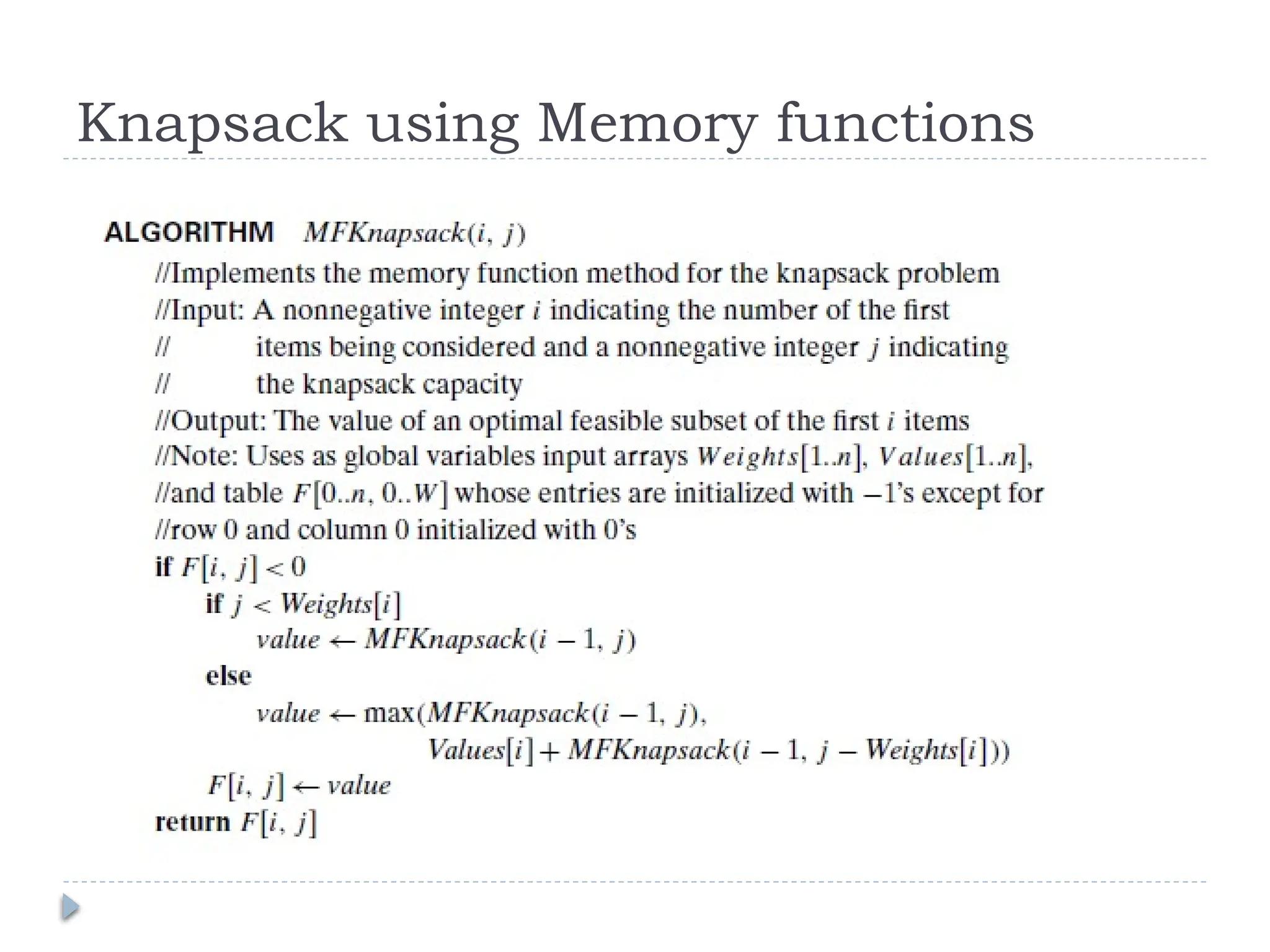Knapsack using Memory functions
 