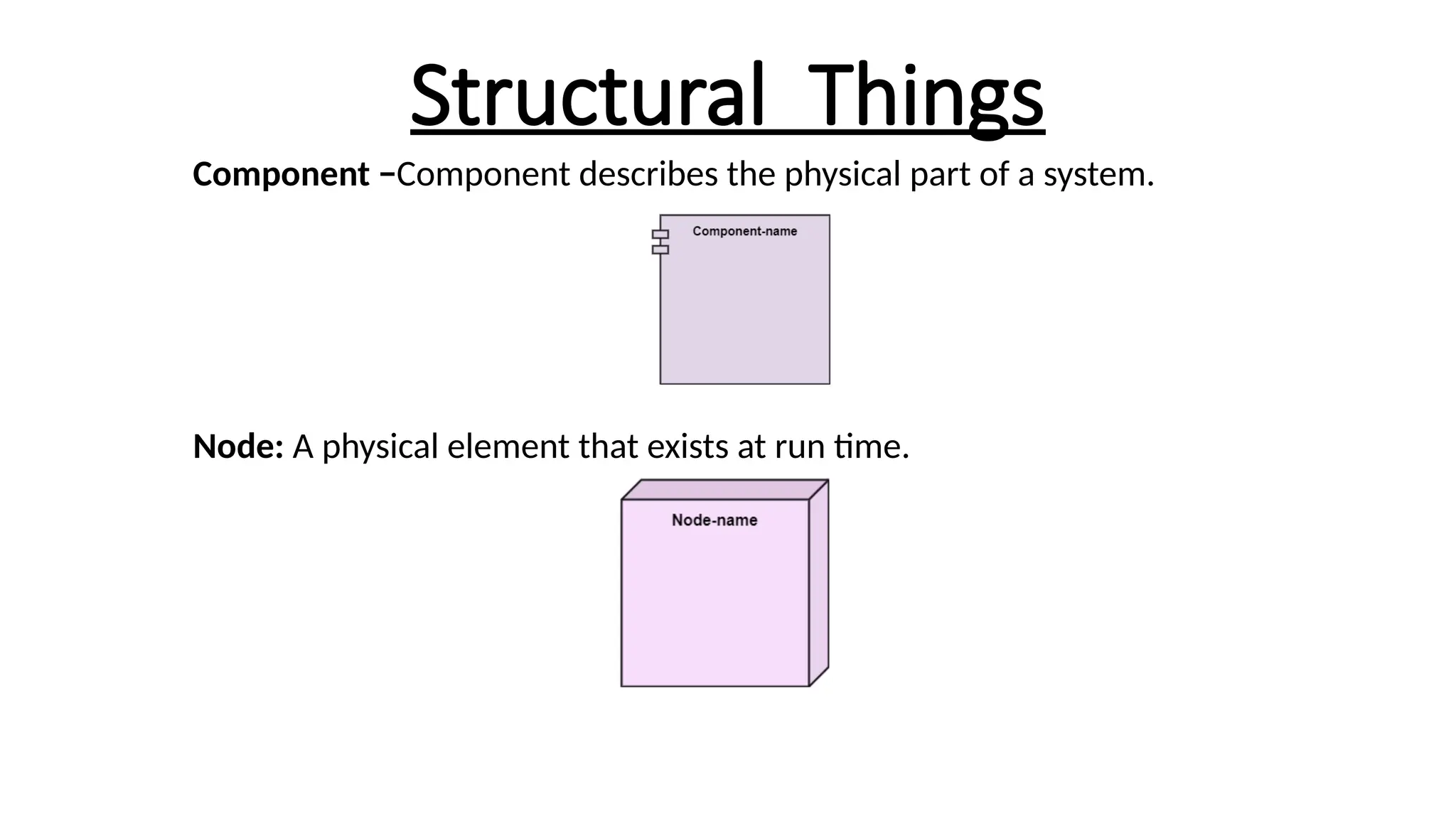 Structural Things
Component −Component describes the physical part of a system.
Node: A physical element that exists at run time.
 