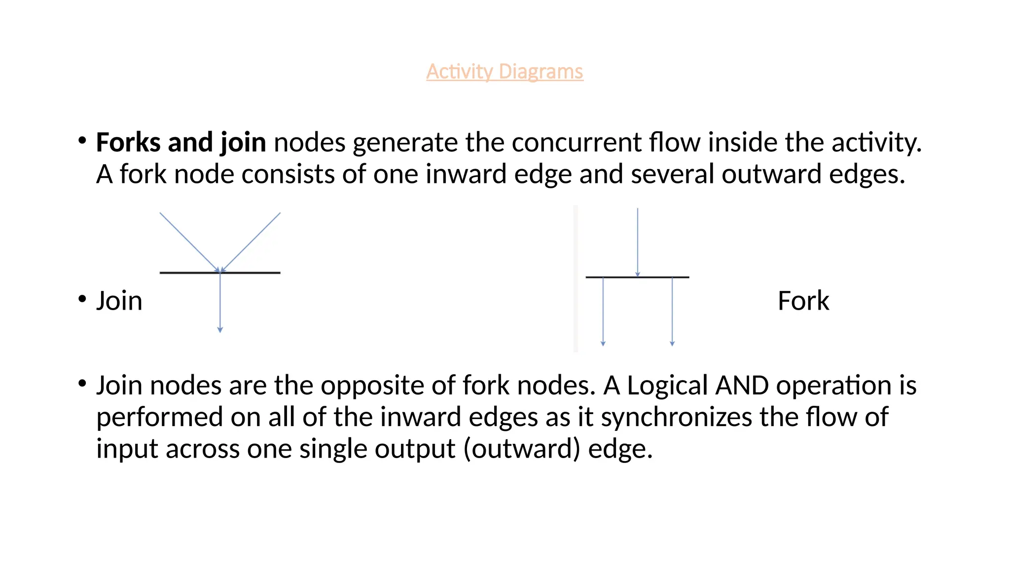 Activity Diagrams
• Forks and join nodes generate the concurrent flow inside the activity.
A fork node consists of one inward edge and several outward edges.
• Join Fork
• Join nodes are the opposite of fork nodes. A Logical AND operation is
performed on all of the inward edges as it synchronizes the flow of
input across one single output (outward) edge.
 