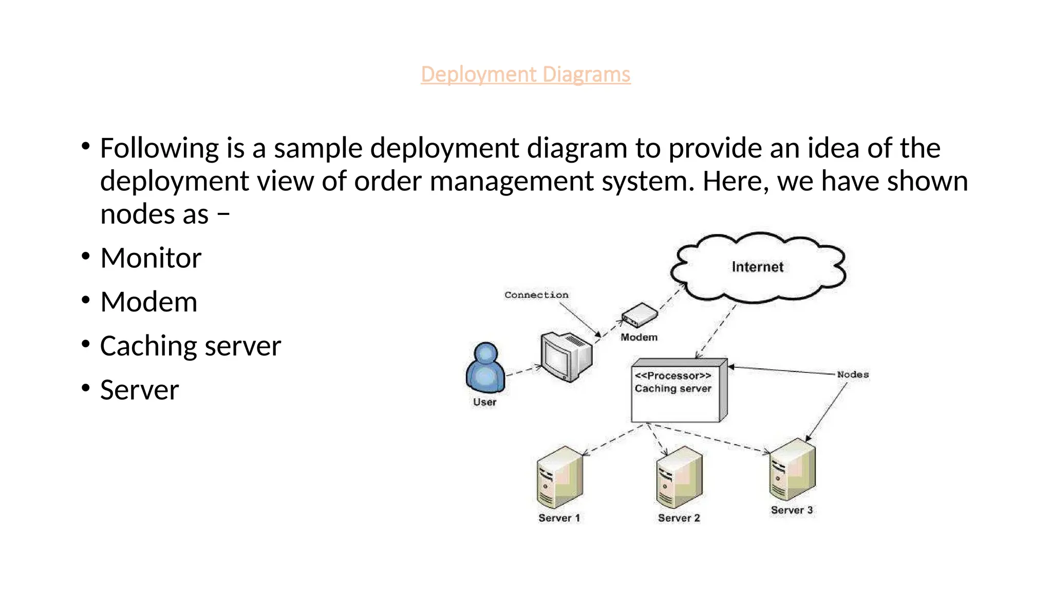 Deployment Diagrams
• Following is a sample deployment diagram to provide an idea of the
deployment view of order management system. Here, we have shown
nodes as −
• Monitor
• Modem
• Caching server
• Server
 