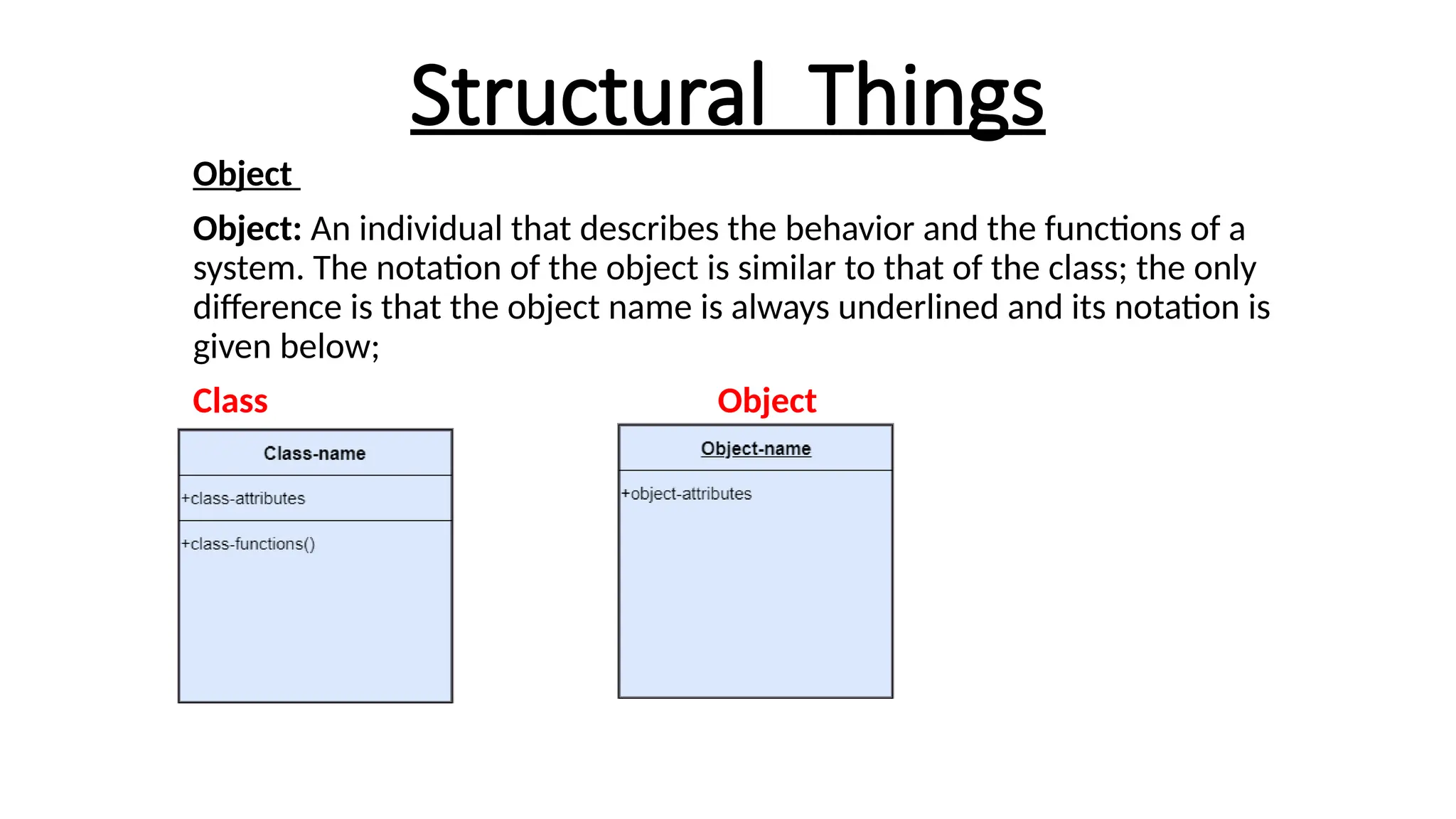 Structural Things
Object
Object: An individual that describes the behavior and the functions of a
system. The notation of the object is similar to that of the class; the only
difference is that the object name is always underlined and its notation is
given below;
Class Object
 