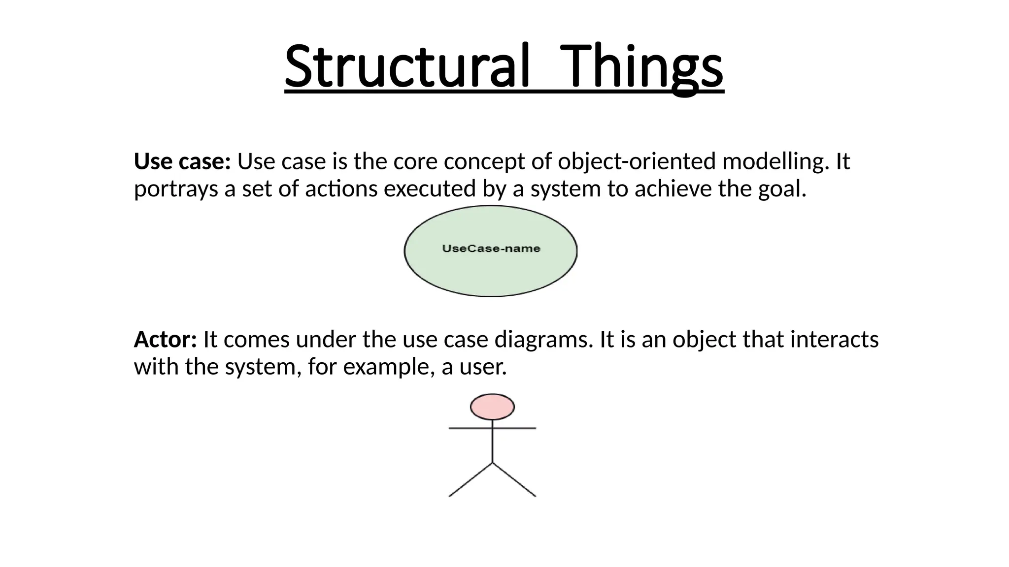 Structural Things
Use case: Use case is the core concept of object-oriented modelling. It
portrays a set of actions executed by a system to achieve the goal.
Actor: It comes under the use case diagrams. It is an object that interacts
with the system, for example, a user.
 