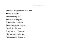 UML Diagrams
The Nine diagrams of UML are
Class diagram
Object diagram
Use case diagram
Sequence diagram
Collaboration diagram
Activity diagram
State chart diagram
Deployment diagram
Component diagram
 