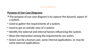 Use Case Diagrams
Purpose of Use Case Diagrams
The purpose of use case diagram is to capture the dynamic aspect of
a system.
• Used to gather the requirements of a system.
• Used to get an outside view of a system.
• Identify the external and internal factors influencing the system.
• Show the interaction among the requirements are actors.
• Actors can be a human user, some internal applications, or may be
some external applications.
 