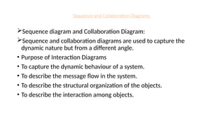 Sequence and Collaboration Diagrams
Sequence diagram and Collaboration Diagram:
Sequence and collaboration diagrams are used to capture the
dynamic nature but from a different angle.
• Purpose of Interaction Diagrams
• To capture the dynamic behaviour of a system.
• To describe the message flow in the system.
• To describe the structural organization of the objects.
• To describe the interaction among objects.
 