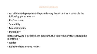 Deployment Diagrams
• An efficient deployment diagram is very important as it controls the
following parameters −
• Performance
• Scalability
• Maintainability
• Portability
Before drawing a deployment diagram, the following artifacts should be
identified −
• Nodes
• Relationships among nodes
 
