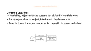 Common Mechanism in UML
Common Divisions:
In modelling, object-oriented systems get divided in multiple ways.
• For example, class vs. object, interface vs. implementation
• An object uses the same symbol as its class with its name underlined
 