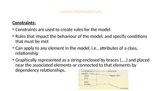 Common Mechanism in UML
Constraints:
• Constraints are used to create rules for the model
• Rules that impact the behaviour of the model, and specify conditions
that must be met
• Can apply to any element in the model, i.e., attributes of a class,
relationship
• Graphically represented as a string enclosed by braces {....} and placed
near the associated elements or connected to that elements by
dependency relationships.
 