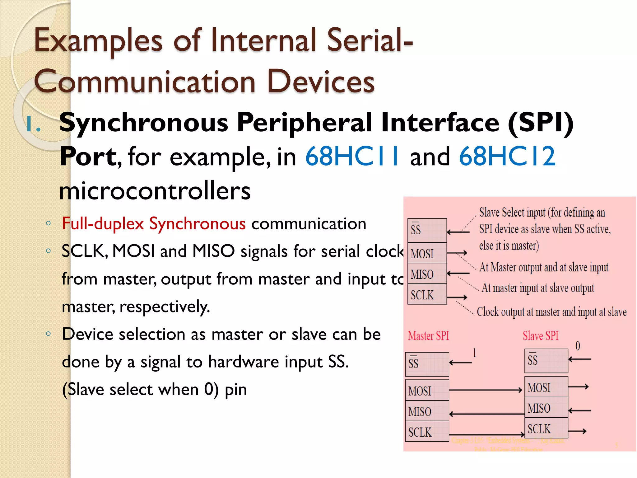 Examples of Internal Serial-
Communication Devices
1. Synchronous Peripheral Interface (SPI)
Port, for example, in 68HC11 and 68HC12
microcontrollers
◦ Full-duplex Synchronous communication
◦ SCLK, MOSI and MISO signals for serial clock
from master, output from master and input to
master, respectively.
◦ Device selection as master or slave can be
done by a signal to hardware input SS.
(Slave select when 0) pin
 