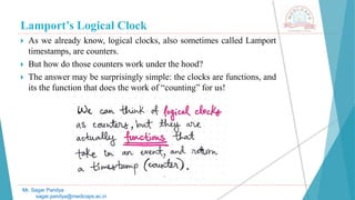 Lamport’s Logical Clock
 As we already know, logical clocks, also sometimes called Lamport
timestamps, are counters.
 But how do those counters work under the hood?
 The answer may be surprisingly simple: the clocks are functions, and
its the function that does the work of “counting” for us!
Mr. Sagar Pandya
sagar.pandya@medicaps.ac.in
 