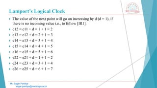 Lamport’s Logical Clock
Mr. Sagar Pandya
sagar.pandya@medicaps.ac.in
 The value of the next point will go on increasing by d (d = 1), if
there is no incoming value i.e., to follow [IR1].
 e12 = e11 + d = 1 + 1 = 2
 e13 = e12 + d = 2 + 1 = 3
 e14 = e13 + d = 3 + 1 = 4
 e15 = e14 + d = 4 + 1 = 5
 e16 = e15 + d = 5 + 1 = 6
 e22 = e21 + d = 1 + 1 = 2
 e24 = e23 + d = 3 + 1 = 4
 e26 = e25 + d = 6 + 1 = 7
 