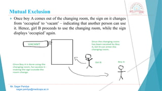 Mutual Exclusion
 Once boy A comes out of the changing room, the sign on it changes
from ‘occupied’ to ‘vacant’ – indicating that another person can use
it. Hence, girl B proceeds to use the changing room, while the sign
displays ‘occupied’ again.
Mr. Sagar Pandya
sagar.pandya@medicaps.ac.in
 