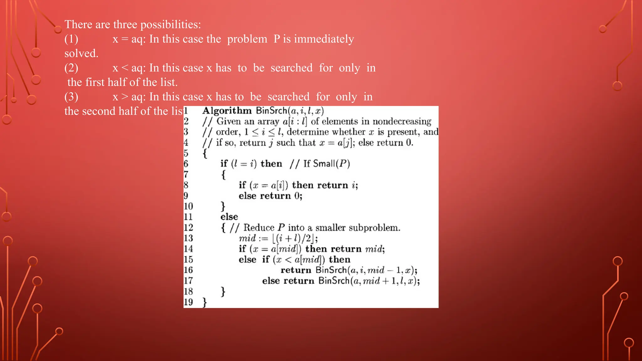 There are three possibilities:
(1) x = aq: In this case the problem P is immediately
solved.
(2) x < aq: In this case x has to be searched for only in
the first half of the list.
(3) x > aq: In this case x has to be searched for only in
the second half of the list
 