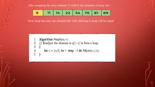 After swapping the array element 11 with 9, the elements of array are -
Now, heap has only one element left. After deleting it, heap will be empty
 