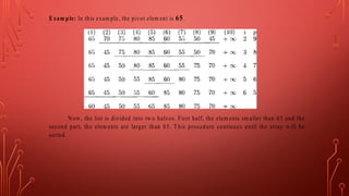 Exam ple: In this exam ple, the pivot elem ent is 65.
N ow, the list is divided into tw o halves. First half, the elem ents sm aller than 65 and the
second part, the elem ents are larger than 65. This procedure continues until the array w ill be
sorted.
 