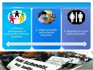 4. Effective
participation of
community in literacy
programs.
5. Linked scientific
and technical
education.
6. Separate set up for
male and female.
 