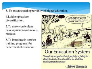 5. To ensure equal opportunity of higher education.
6.Laid emphasison
diversification.
7.To make curriculum
development acontinuous
process.
8.To introducein-service
training programs for
betterment ofeducation.
 