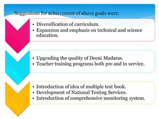 • Upgrading the quality of Deeni Madaras.
• Teacher training programs both pre and in service.
• Introduction of idea of multiple text book.
• Development of National Testing Services.
• Introduction of comprehensive monitoring system.
Suggestions for achievement of above goals were:
• Diversification of curriculum.
• Expansion and emphasis on technical and science
education.
 
